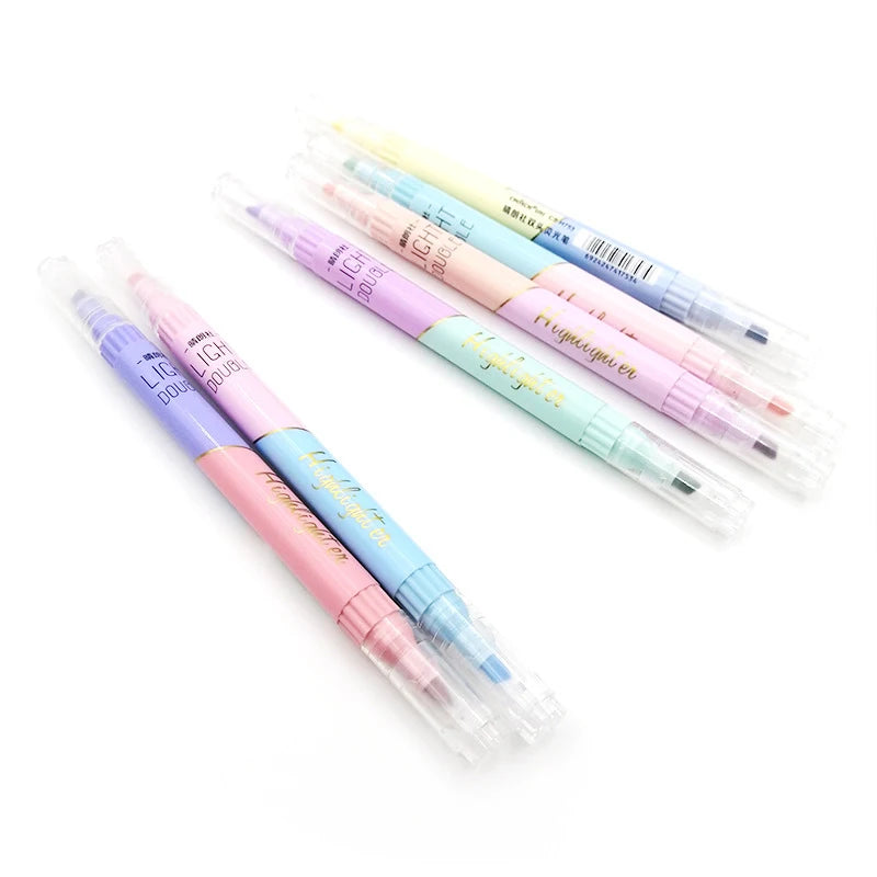 6Pcs/Set Highlighter Pen Set Double Headed Kawaii Fluorescence Colour School Supplies Marker Stationery