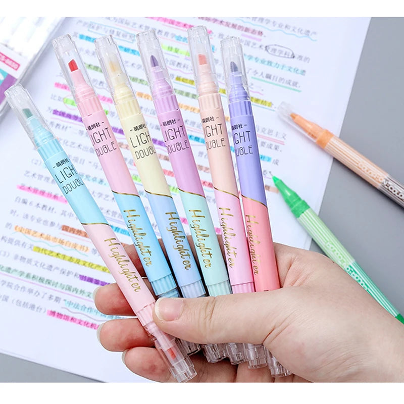 6Pcs/Set Highlighter Pen Set Double Headed Kawaii Fluorescence Colour School Supplies Marker Stationery