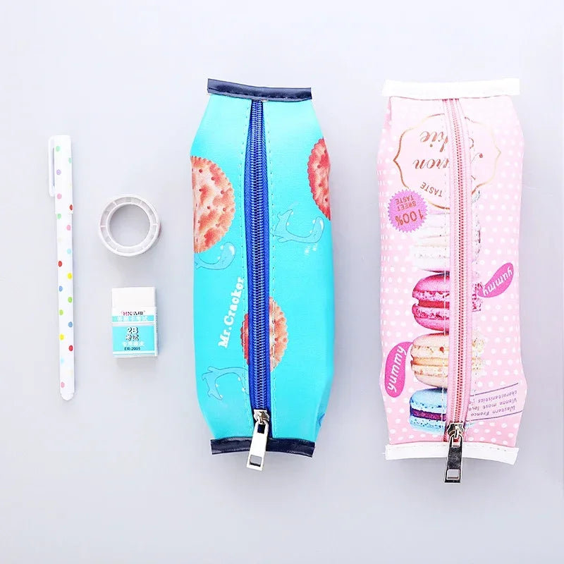 Kawaii Creative Macaron School Pencil Case for Girls Chocolate Cracker PU Leather Pencil Bag Kids Gift School Supplies 1Pc