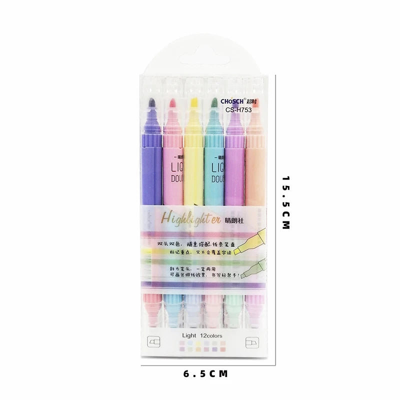 6Pcs/Set Highlighter Pen Set Double Headed Kawaii Fluorescence Colour School Supplies Marker Stationery