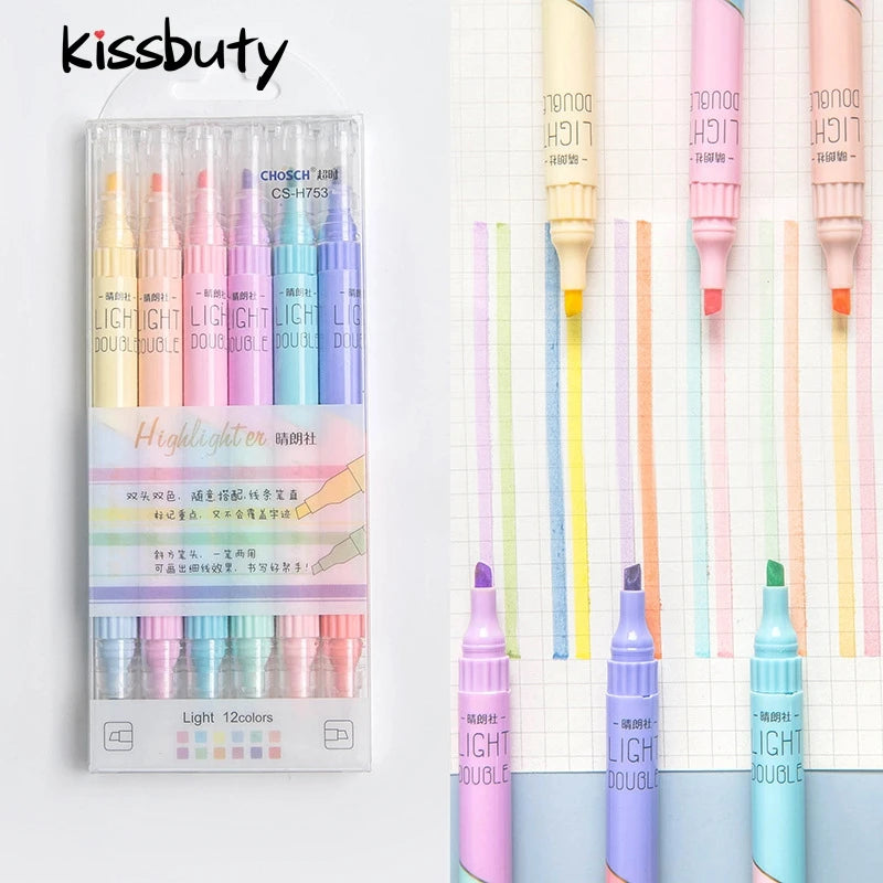 6Pcs/Set Highlighter Pen Set Double Headed Kawaii Fluorescence Colour School Supplies Marker Stationery