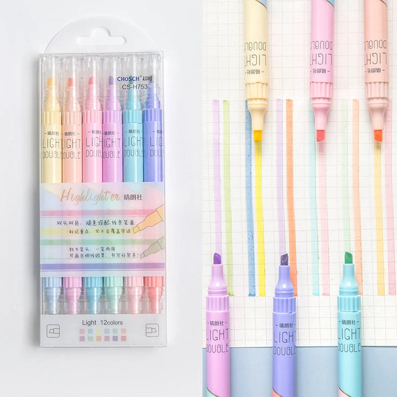 6Pcs/Set Highlighter Pen Set Double Headed Kawaii Fluorescence Colour School Supplies Marker Stationery