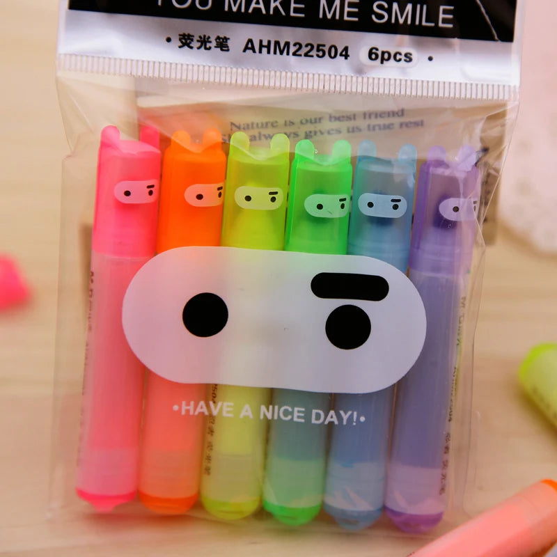 6Pcs/Set Rabbit Mini Fluorescent Highlighter Pen Kawaii Chalk Marker Pens Stationery Material Escolar Papelaria School Supplie