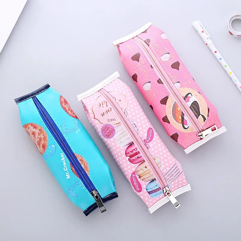 Kawaii Creative Macaron School Pencil Case for Girls Chocolate Cracker PU Leather Pencil Bag Kids Gift School Supplies 1Pc