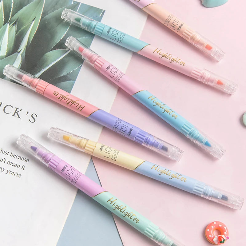 6Pcs/Set Highlighter Pen Set Double Headed Kawaii Fluorescence Colour School Supplies Marker Stationery