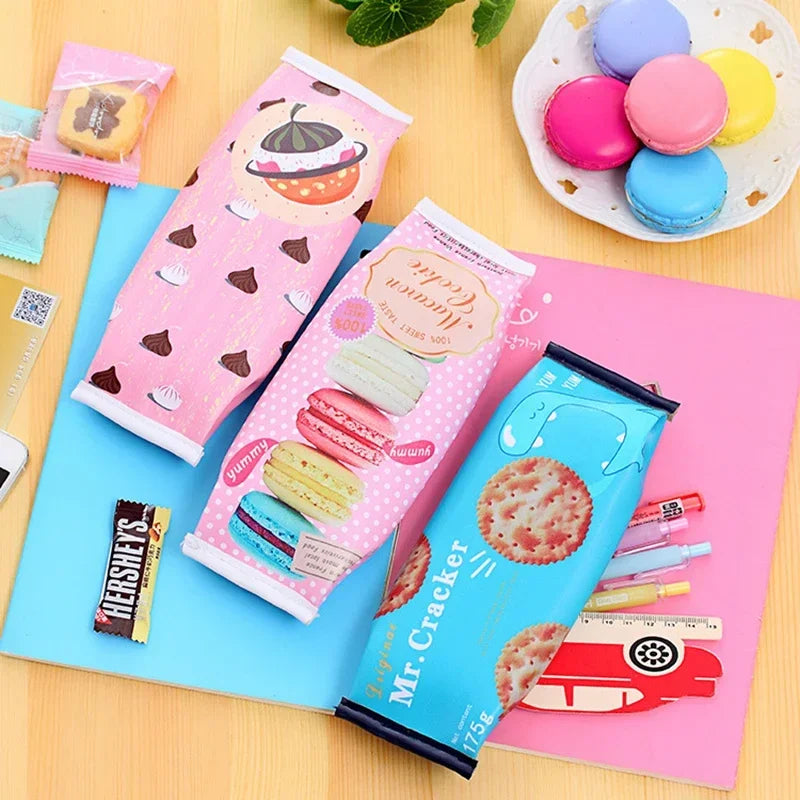 Kawaii Creative Macaron School Pencil Case for Girls Chocolate Cracker PU Leather Pencil Bag Kids Gift School Supplies 1Pc